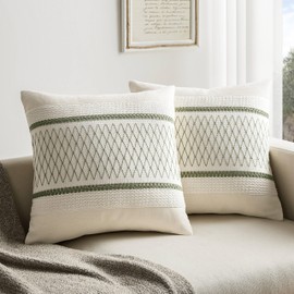 ZeeMart 2 Packs Cotton Boho Throw Pillow Covers 16x16 Inch Grid Green, Soft Farmhouse Decorative Couch Pillow Cases Sage Green Cushion Covers for Sofa Bed Living Room Home Decor