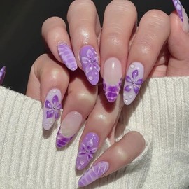 30Pcs Purple Flower Press on Nails Medium Almond Fake Nails with 3D Hibiscus Flowers Designs French Tip False Nails Pearl Charms Stick Glue on Nail Reusable Acrylic Nails for Women