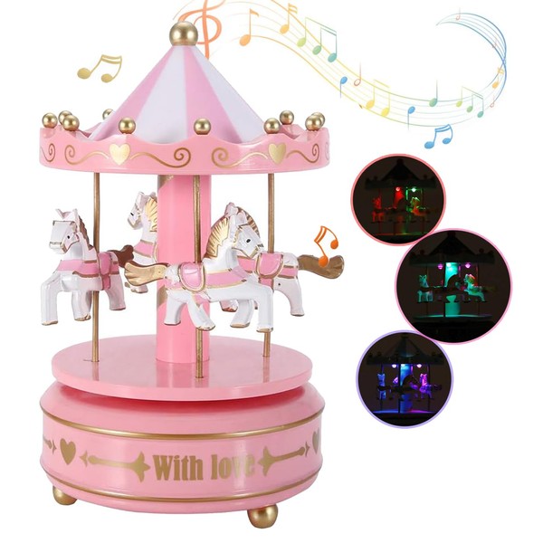 Luminous Musical Carousel Horse Music Box with LED lights Wind up 4-Horse Rotating Musical Figurine Vintage Dream Merry-Go-Round Toy Baby Girls Christening Gifts Xmas Carousel Ornament Decoration