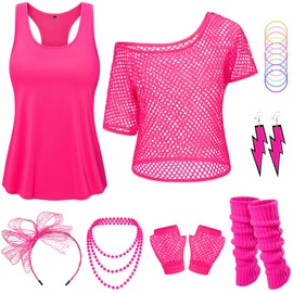 Yuriko 80s Outfit Party Costumes Fishnet Neon Off Shoulder T-Shirt Two Pieces With Fancy Dress Costume Accessories(Pink S)