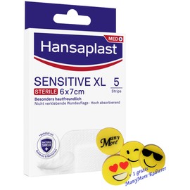 Hansa plast Sensitive XL - Plaster 5 Strips in Size 6 x 7 cm - Wound Dressing with Good Hold but Gentle Removal + Free ManyMore Eraser