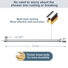 BRIGHT SHOWERS 15 Inch Extra Long Shower Head Extension Arm, Solid Brass Shower Arm Extender with Locking Screw for Rain and Handheld Showerhead, Height & Angle Adjustable, Chrome