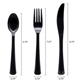 Party Essentials Extra Heavy Duty Hard Plastic Cutlery Combo Pack, Full Size Knives/Forks/Spoons, Black, 48-Pieces/ 16-Place Settings (N1224BK-2)