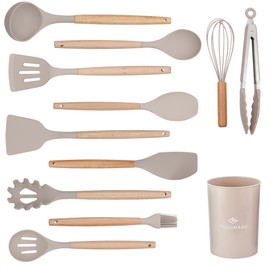TONGMARU 12 pcs Silicone Cooking Utensils Set, Beech Wooden Handle Kitchen Gadgets Utensil Set, Non-Stick Cooking Utensils Spatula Set, Tongs, Turner, Whisk, BPA FREE, 446°F Resistant (Cream)