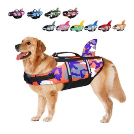 Large Dog Life Jacket Shark, Dog Swimming Safety Vest with Reflective Stripes & Rescue Handle, Adjustable High Buoyancy S/M/L Dog Swim Life Preserver for Water at Pool, Beach, Boating Camo Orange XS