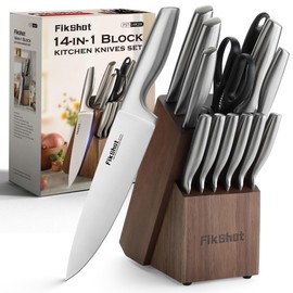 Knife Block Set, Kitchen Knife Sets with Block, FIKSHOT Knives Set for Kitchen - Razor-Sharp Santoku Knife, Fruit and Kitchen Sets - Rust Resistant for Homecooks (Silver + Walnut)