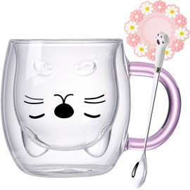 Arawat Katzen Tasse Glas Doppelwandige Gläser Katze mit Pink Henkel Kaffeetasse mit Löffel & Untersetzer Kaffeebecher Tassen Trinkgläser Katze Gläser Teetasse Geburtstag Geschenk für Frauen Freundin