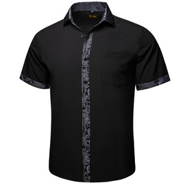 Barry.Wang Men's Short Sleeve Dress Shirts Black Grey Paisley Casual Button Down Collar Cuff Pocket Contrast Formal Western