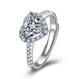 Anillo de Mujer Qwonekou Anillo de Plata Anillo Ajustable Anillo de Circonita en Forma de Corazón，Anillos para Mujer Anillo de Boda, Regalo Ideal de Compromiso, Cumpleaños o Aniversarior 40003