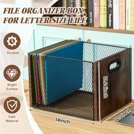 Yalikop Hanging File Organizer File Box Hanging Folder Storage Boxes Rustic Brown Wood Cabinet with Handle for Home Office Desk, Letter Size