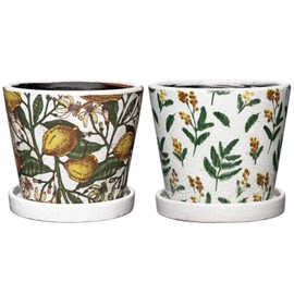 5.5 Inch Decorative Plant Pots, Round Ceramic Planters for Indoor Plants Pots with Drainage Hole Saucers, Lemon Green Leaves Ceramic Flower Pots Retro Planter Pot for Succulents Cactus Outdoor Garden