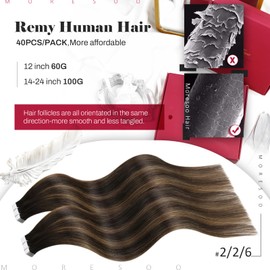 Moresoo Balayage Brown Tape in Hair Extensions Real Hair Tape in Extensions 100g Darkest Brown with Chestnut Brown Remy Human Hair Extensions Tape in 40Pcs 18 Inch #2/6/2