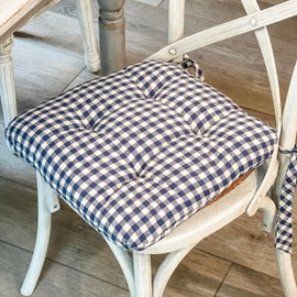 Piper Classics Doylestown Blue Gingham Check Chair Pad 16" x 16", Blue & Cream, Farmhouse, Country Chair Pad