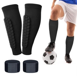 4 Pack Shin Defender Shin Guards Kids and Elastic Ankle Straps, Calf Compression Sleeve with Honeycomb Pads, Shindefender Shin Guards Soccer, for Sprains, Achilles Pain, Sports Running (Black, XL)