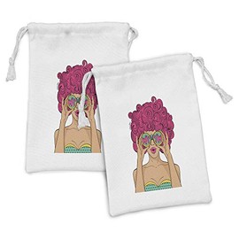 Lunarable Curly Hair Fabric Pouch Set of 2, Wow Face Funky Woman with Funny Glasses Comic Hippie Fashion Cartoon Print, Small Drawstring Bag for Toiletries Masks and Favors, 9" x 6", Multicolor