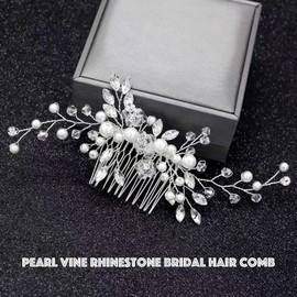 Pearl Flower Bride Hair Comb, Bridal Crystal Leaf Vine Hair Accessories, Alloy Leaf Hair Pin Hair Piece Rhinestone Pins for Women, Silver Side Hair Headpiece for Wedding Party