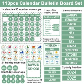 Qyeahkj Classroom Calendar Set Bulletin Board Sets for Teachers Eucalyptus Green Classroom Calendar Decorations with Seasons Festival Weather Days of the Week for PreSchool Home Office Wall