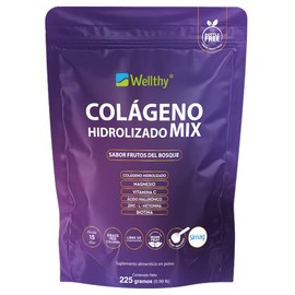 Wellthy Colágeno Hidrolizado Mix 225g Sabor frutos rojos. Reforzado con Magnesio, Vitamina C, Ácido Hialurónico, Zinc y Biotina. Scoop Incluído, Grass Fed, Bottle Free.