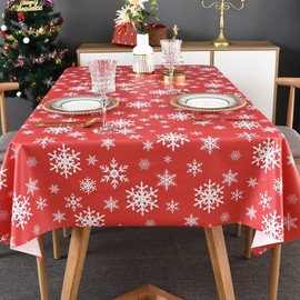 TruDelve Plastic Christmas Tablecloth Square Red Vinyl Christmas Table Cloth Xmas Table Cover with Snowflake for Party (54'' x 54'', Snowflake)
