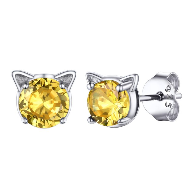 November Birthstone Cubic Zirconia Crystal Sterling Silver Cute Cat Stud