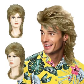 FOUNSHO Light Blonde Curly Mullet Wig, Men & Women, 80s/90s, TIG, Heat Resistant Fibre, Unisex, Retro, Wig, 22-24.5 Inches