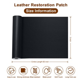 PRXOUIEO Leather Repair Patch - 3" x 60" Durable DIY Vinyl Leather Repair Kit for Furniture, Self-Adhesive Fabric Patches for Car Seat, Sofa, Couches, Chair, Bags (Black)