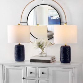 SAFAVIEH Lighting Collection Huxley Modern Navy Blue Ceramic 22-inch Bedroom Living Room Home Office Desk Nightstand Table Lamp Set of 2 (LED Bulbs Included)