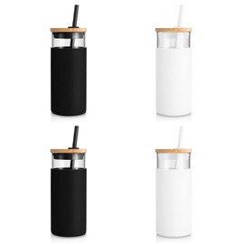 Tronco 20 oz Glass Tumbler with Lid and Straw, Iced Coffee Cup and Smoothie Cup with Bamboo Lids & Protective Silicone Sleeve, Dishwasher Safe, BPA-Free, Glass Cup 4 Pack