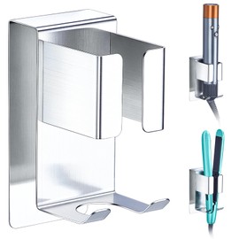 YYBO Glätteisen Halterung Ohne Bohren, Föhnhalter Wand, Edelstahl Lockenstab Halterung, Fönhalter Wandhalterung für Styler Zubehör, Fönhalterung Haartrocknerhalter Aufbewahrung für Bad