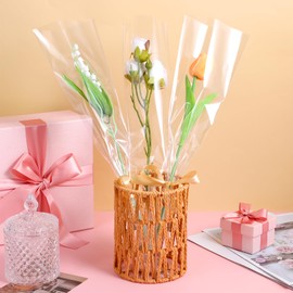 mekueeex ﻿100 Pcs Single Rose Sleeve with 100 Pcs Floral Water Tubes for Bouquets, Single Flower Sleeve Flower Wrapping Bags Flower Water Tubes for Mother's Day Graduation Party(Transparent)