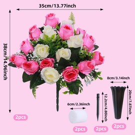 Lodou Set of 2 Artificial Cemetery Flowers, Memorial Flowers Bouquet,Grave Memorial Flowers with Vase for Cemetery Headstones Decoration (Pink White)