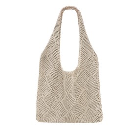 SUOSDEY Crochet Beach Tote Bag for Women, Aesthetic Mesh Shoulder Bag, Summer Boho Checkered Handbag beige