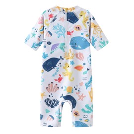 Baby Girls Rash Guard Swimsuits for Toddler Girls Sunsuits Short Sleeve One Piece Bathing Suits Beach Swimwear White Ocean World 12 Months