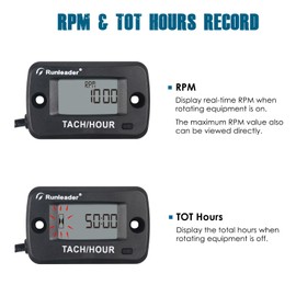 Runleader Rotating Shaft Hour Meter Tachometer,RPM Magnetic Pickup,Maintenance Reminder,Display Shutdown for Lawn Mower Generator Compressor Marine Diesel/Gas Engine Motor and Process/Power Equipment.