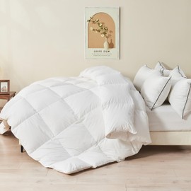 TOPGREEN Organic Feather Down Comforter Queen Size, Fluffy Duvet Insert for All Season, Luxury Hotel Bed Comforter with Ultra-Soft 100% Organic Cotton Case (90x90 Inch, Ivory White)