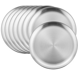 HaWare 8-Piece 18/8 Stainless Steel Plates, Metal 304 Dinner Dishes for Kids Toddlers Children, 10 Inches Feeding Serving Camping Plates, Reusable and Dishwasher Safe