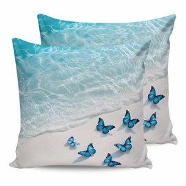 Outdoor Pillow Covers Waterproof Pillow Cases Protector Summer Ocean Wave Pillowcase Pack of 2 Romantic Butterfly on Beach Throw Cushion Case for Pation Furniture,Couch,Living Room Sofa,18X18IN