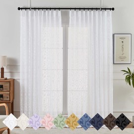 OWENIE Furman White Pinch Pleated Sheer Curtains 96 Inches Long for Bedroom Living Room, Modern Jacquard Light Filtering Window Curtains, Soft Semi Sheer Window Treatments, White, Each 60x96 Inch