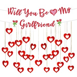 Will You Be My Girlfriend - Will You Be My Girlfriend Flag, Valentine Day Red Love Set, Will You Be My Girlfriend Love Flag Banner and Red Heart shaped Rain Silk Pendant, Valentine Day Decorations