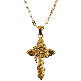 Cross Necklace for Women Gold Plated Rose Flower Cross Charm Pendant Choker Vintage Dainty Gold Necklace for Women 18k Golden Short Solitaire Choker Link Chain Jewelry Gift Everyday Wear Collar (01)