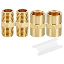 PATIKIL Brass Pipe Fittings Coupler Set, 4Pcs Brass Hex Nipple Coupling Reducer Adapter Tubing Connector Adaptor with PTFE Tape, 1/4" x1/4" NPT Male Thread and 1/4" x1/4" NPT Female Thread