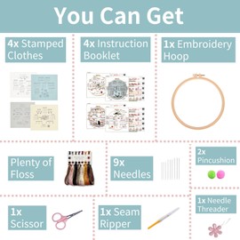 Gleease 4 Sets Beginner Embroidery Kit for Adults Cross Stitch Kits for Starter Hand Supplies Needle Point Kits Embroidery Hoop Stamped Patterns Threads Practice (Flower)