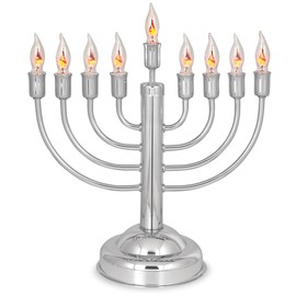 Aviv Judaica 12" Quality Chanukah Menorah Round Base Highly Polished Chrome Plated Electric Menorah with Flickering Bulbs Candles for Chanukah Hanukkah Lights Menorah Chanukkah Decorations