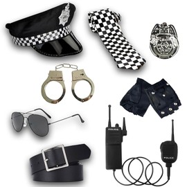 Kit Accesorios completos para Disfraz de Policía, Incluye Sombrero, Esposas de Policia Juguete, Insignia, Walkie Talkies y Más, Ideal para Halloween,Fiestas y Roleplay