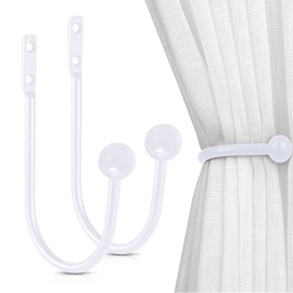 Curtain Tiebacks, 2 Pcs Metal Curtain Hooks, Wall Mounted Curtain Holdbacks for Indoor Outdoor, Easy to Install, White