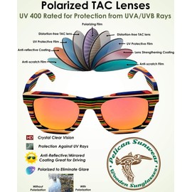 Pelican Sunwear Wood Sunglasses | Polarized Lenses | Multi-Colored Layered Rainbow Vintage Wooden Frame Men Women