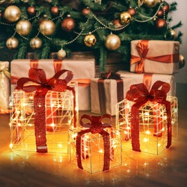 Nightcore Set of 3 Christmas Lighted Gift Boxes, Pre-lit 60 LED Light Up Xmas Tree Skirt Ornament with Warm Light, Stakes and Zip Ties, Indoor/Outdoor Present Box Holiday Decoration