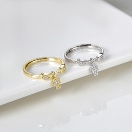 SILBERTALE Adjustable Silver Rings Women's 925 - Cubic Zirconia Ring with Charm Pendant Bow/Clover Leaf/Cross, Sterling Silver Ring in Gold & Silver