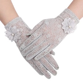 Kingsie Women's Lace Gloves, Summer Gloves, Floral Pattern, Thin, Mesh, Smartphone Compatible, Anti-Slip, UV Protection, Sun Protection, For Weddings, Driving, Spring and Summer, gray