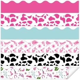 120Pcs Western Cowgirl Bulletin Board Border Western Theme Back to School Classroom Decoration Wild West Boots Cow Print Bulletin Scalloped Border Trim Stickers for Chalkboard Wall Decor 11.8 X 2.4in